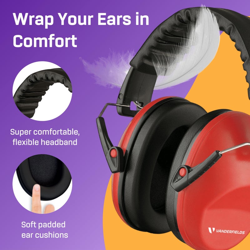 Vanderfields Premium Hearing Protection Ear Muffs - Broad Spectrum Sound Reduction 33.2dB at 2K Hz Noise Cancelling - Headset Safety Noise Cancellation - Headphones Adults and Teens - Red - Image 4